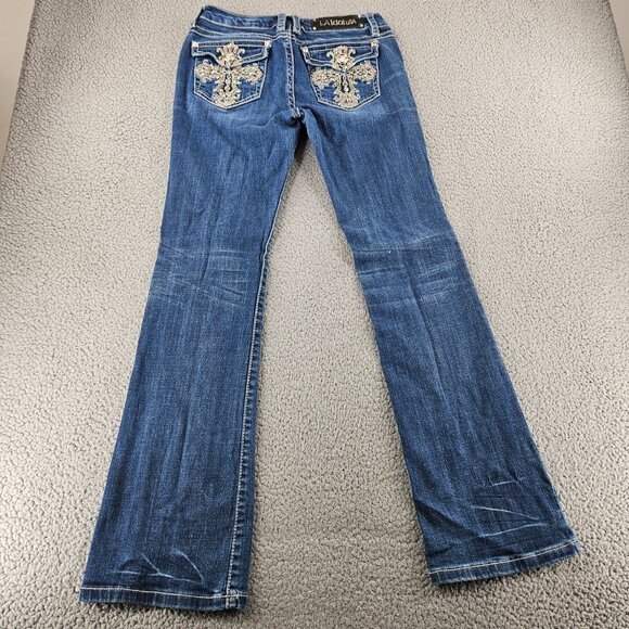 LA Idol Jeans Womens 7 (30x31) Blue Mid Rise Bootcut Rhinestones Embroidered - Picture 12 of 15